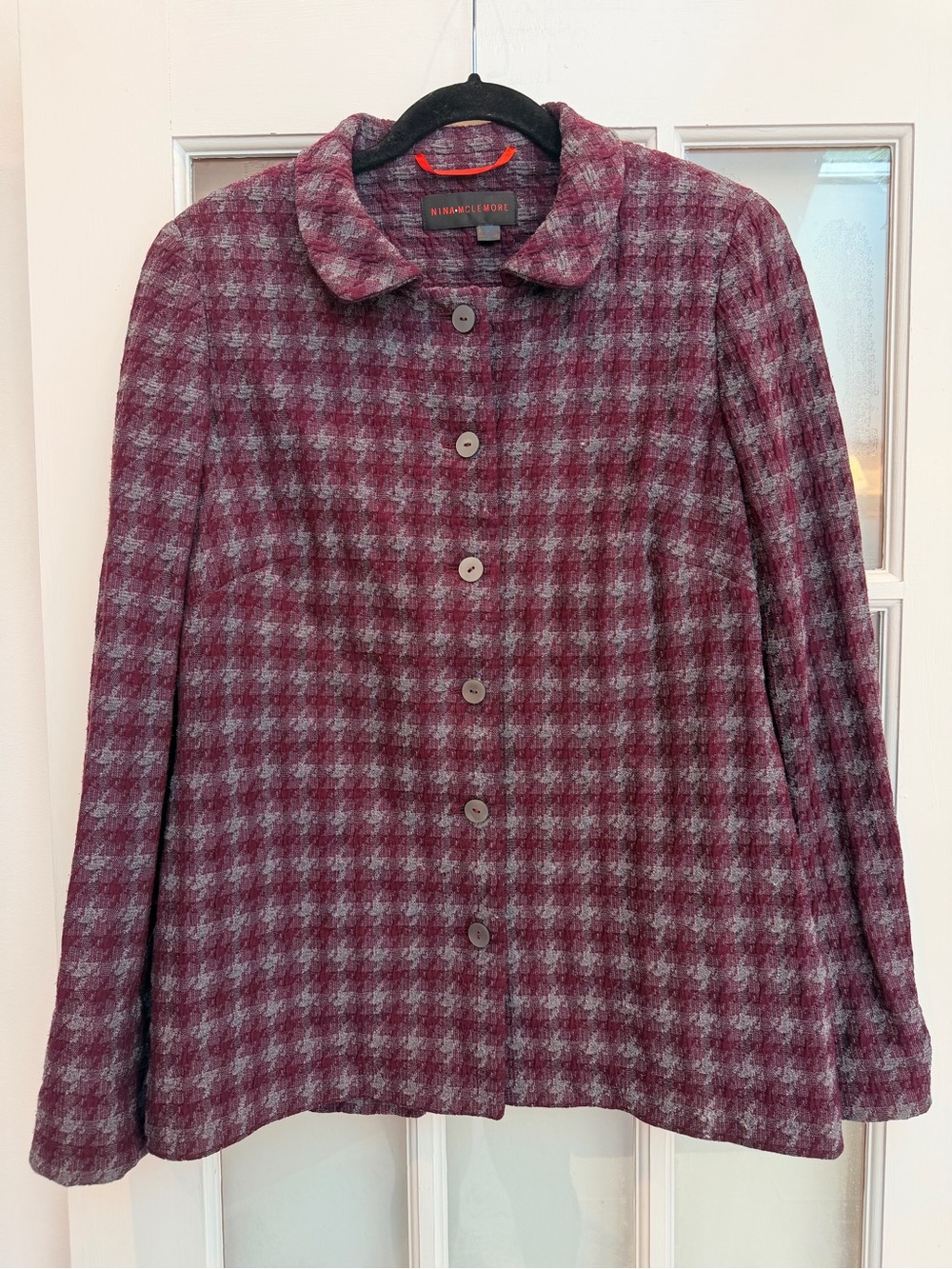 Nina McLemore Designer Chic Maroon & Gray Houndstooth Tweed Blazer Jacket Size 8